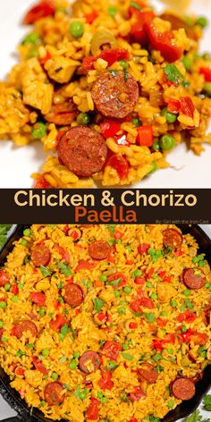 chicken and chorizo paella in a skillet with pepperoni on top