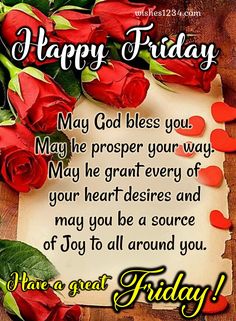 happy friday message with red roses on a piece of paper and the words, may god be