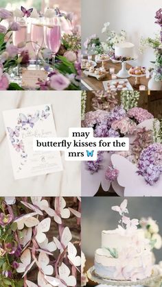 a collage of photos with flowers and butterflies on them, including cake, wine glasses, and cards