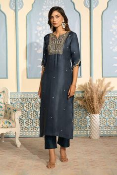 Royal blue satin kurta featuring dabka, French knots, resham, and zari work floral embroidery. Comes with narrow dupion silk pant and soft net dupatta with tiny buttis, bordered with golden lace. - Aza Fashions Silk Sets With Dori Work For Formal Occasions, Silk Sets With Dori Work For Formal Events, Formal Silk Sets With Dori Work, Blue Silk Kurta With Dori Work, Elegant Blue Slub Silk Kurta, Elegant Blue Raw Silk Kurta, Formal Blue Silk Kurta, Elegant Blue Kurta With Cutdana Details, Elegant Blue Art Silk Kurta