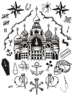 an ink drawing of a church with crosses and other things in the sky above it