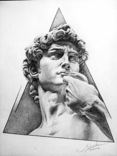 a pencil drawing of a man's face and hands in front of him, with the