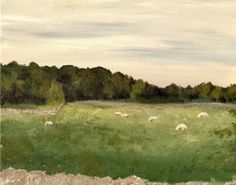 an oil painting of sheep grazing in a field