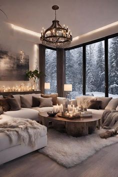 a living room filled with lots of furniture next to a large window covered in snow