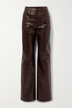 The Frankie Shop's 'Bonnie' pants are the perfect foundation piece - style them with everything from breezy blouses to graphic tees or chunky sweaters. Cut from croc-effect faux leather, they're designed to sit high on the waist and have straight-legs. Brown Leather Pants Going Out, Luxury Fall Bottoms With Flat Front, Faux Leather Pants Flare, Faux Leather Pants Going Out, Learher Pants Nordstrom, Faux Leather Dress Pants, Foux Leather Pants, Luxury Women's Tapered Leg Bottoms, Almond Leather Pants