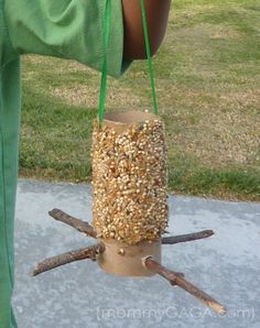 a bird feeder hanging from the side of a pole