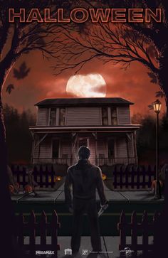 a movie poster for halloween with a man standing in front of a house