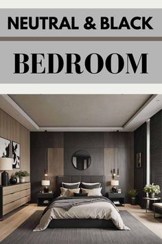 a bedroom with neutral and black decor