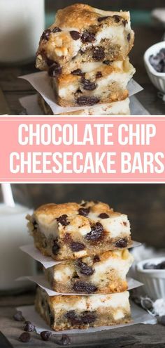 chocolate chip cheesecake bars stacked on top of each other