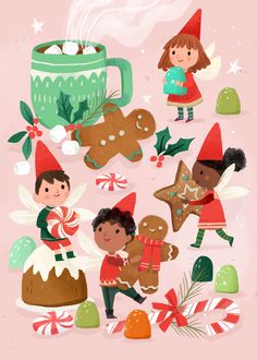 an illustrated christmas scene with elves and gingerbreads