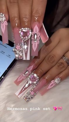 Extra Quince Nails, Blinged Nails, Pink Quinceanera Nails Long, Pink Quince Nails Long, Pink Quince Nails, Pink And White Junk Nails, Long Pink Hello Kitty Nails, Big Hello Kitty Charm Nails, Pink Bling Nails