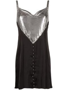 black/silver-tone aluminium mesh panelling spaghetti straps cowl neck front button fastening straight hem thigh-length Kaftan Gown, Bleached Jeans, Mini Necklace, Girlie Style, Yoko London, Wool Shirt, Paco Rabanne, Mesh Panel, Cocktail Dress Party