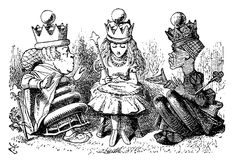 three alice and the king are sitting in front of each other, vintage line drawing or engraving illustration