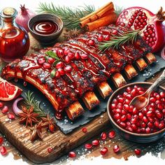 a large piece of meat covered in sauce and garnished with pomegranates