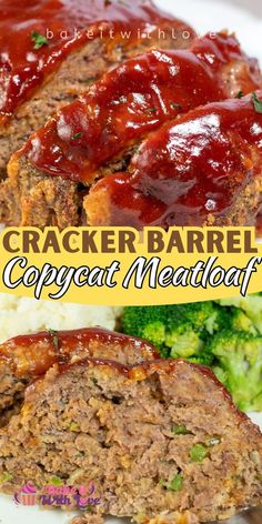 a close up of meatloaf on a plate with broccoli