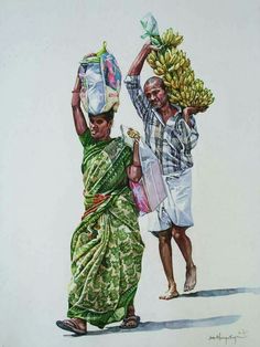 two people carrying bananas on their heads and one holding a bag with it's back