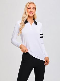 Stay focused and stylish on the course with our White Quarter-Zip Long-Sleeve Golf Polo Shirt. This lightweight, breathable, and quick-dry top is designed to keep you performing at your best. The classic quarter-zip style offers versatility and a touch of sophistication, making it perfect for the course. Prints & Pattern: Solid ColorMaterial: 88% Polyester，12% Elastane.Highlights: UPF50+ (UVA/UVB)Collar type: Quarter-Zip CollarSleeves: Long SleevesColors: White and blackScenarios: Suitable for golf and daily wear Shirt For Ladies, Lady L, Zip Collar, Tennis Shirts, Golf Polo Shirts, Stay Focused, Long Sleeve Polo, Athletic Fits, Golf Polo