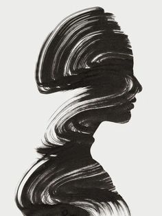 a black and white drawing of a woman's face with her hair blowing in the wind