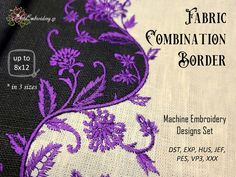 purple flowers on black and white fabric with text describing machine embroidery designs set 5 / 6 / 12