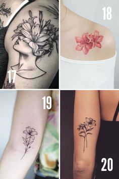 four different tattoos with flowers on the back of their arm and shoulder, each one has a woman's face