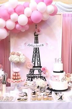 the dessert table is decorated with pink and white balloons