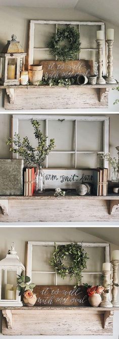 three shelves with plants and books on them