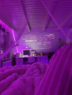 credits to the rightful owner of this image Dream Rooms Aesthetic Led Cozy, Loft Bedroom Idea, Led Light Room Ideas Aesthetic, Cute Bedroom Ideas Big Room, Cozy Preppy Bedroom, Purple Led Room Aesthetic, Room Glow Up Ideas, Bed In The Middle Of The Room, My Dream Room Ideas