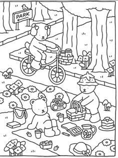 a coloring page with teddy bears playing and picnicing in the park, including a bear on a bike