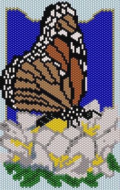 a cross stitch butterfly sitting on top of some white and yellow flowers with blue sky in the background