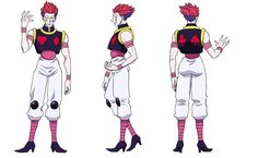 three different views of an anime character with red hair and white pants, one wearing black boots