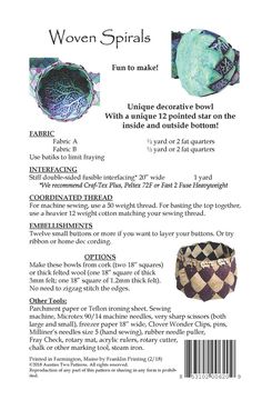 the back cover for woven spirals with instructions on how to make it and how to use