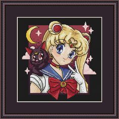 a cross stitch pattern with a sailor girl holding a black cat in her lap and wearing a red bow