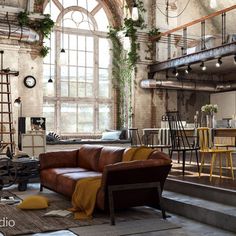 a living room filled with furniture and lots of plants hanging from the ceiling above it