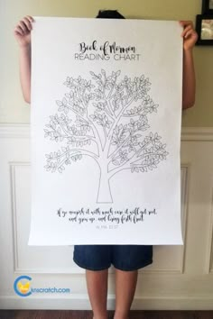 a person holding up a poster with a tree on it that says, back of heaven reading chart