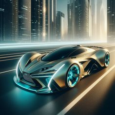 the futuristic car is driving down the road in front of some tall buildings at night