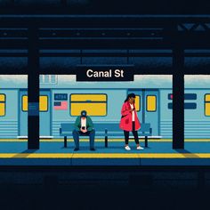 two people sitting on a bench at a train station waiting for the subway to arrive