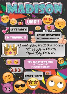 a flyer for a party with emoticions on the front and back, as well as