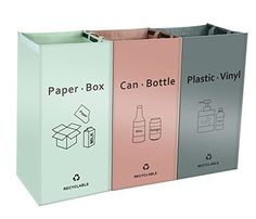 three boxes with different types of bottles in them and the words paper box can bottle vinyl