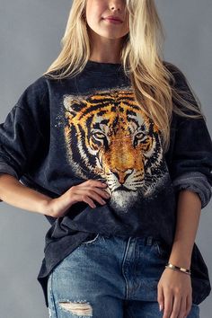 Casually Cool! Acid Wash Oversized Tiger Sweatshirt Black French Terry Tiger Graphic, Leopard Print Fabric, Leo Love, Love Sweatshirt, Face Graphic, Leopard Sweater, Tiger Face, Black French, Spirit Wear