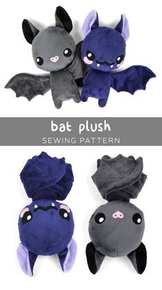 bat plush sewing pattern is shown in three different colors