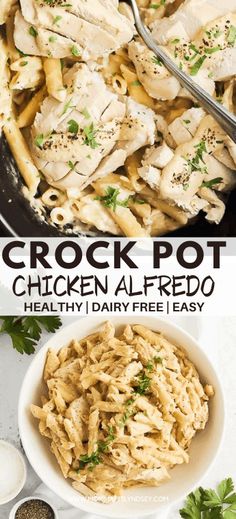 chicken alfredo in a skillet with text overlay