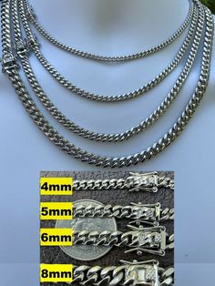 Gorgeous mens or ladies cuban link chains or bracelets Box clasp for an authentic and secure lock Solid stainless steel Looks IDENTICAL to a solid white gold chain   100% NICKEL & BRASS FREE so it will never turn your neck green! These chains will last years even decades and will never tarnish. Stainless steel is extremely durable perhaps more than solid silver or gold It will never turn green VERY HEAVY & SOLID FEELS JUST LIKE GOLD! Here are some sample weights for different thickness and lengt White Gold Cuban Link Bracelet, White Gold Cuban Link Bracelet With Solid Links, Classic Cuban Link Jewelry With Stainless Steel Clasp, Classic Cuban Link Bracelet With Stainless Steel Clasp, Silver Cuban Link Chain Necklace, Silver Cuban Link Chain Bracelet, White Gold Jewelry With Curb Chain In Stainless Steel, Silver Rectangular Jewelry With Stainless Steel Clasp, White Gold Cuban Link Chain Bracelet