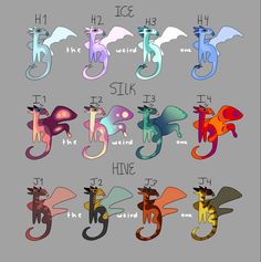 an image of different types of dragon symbols on a gray background with words written below them