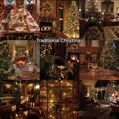 a collage of photos with christmas trees and decorations in them, including presents on the table