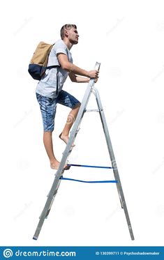 a man climbing up a ladder with a backpack on his back