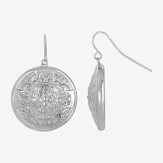 These silver-tone round drop earrings will add elegance in your everyday appearance. Earring Back: PostShape: RoundMetal Color: Silver ToneEarring Length: 25mmEarring Width: 25mmCare: Wipe CleanEarrings Type: Wire EarringsEarrings Style: Drop EarringsMetal: AlloyCountry of Origin: Made in US Silver Round Pendant Earrings For Formal Occasions, Silver Round Pendant Earrings For Formal Events, Elegant Metal Round Disc Earrings, Elegant Silver Disc Earrings, Silver Jewelry With French Hook And Round Shape, Silver Round Jewelry With French Hook, Chic Fashionista, Flower Drop Earrings, 1928 Jewelry