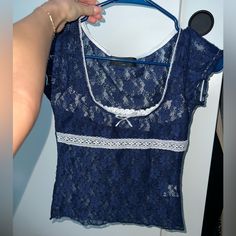 Brand New Never Worn, Took The Tag Off Because I Brought On Vacation But Never Wore It. Had Like A Built In Padding In Bra Area Blue Lace Top With Short Sleeves, Blue Lace Short Sleeve Top, Blue V-neck Tank Top With Built-in Bra, White Fox, Boutique Tops, White Tops, Bra, Blue And White, Brand New