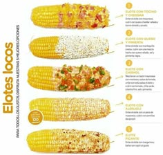 an image of corn on the cob with different types of toppings in it