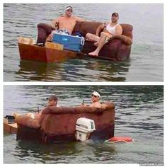 two men sitting on couches in the middle of water with one man laying down