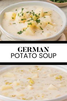 two bowls filled with potato soup on top of a table